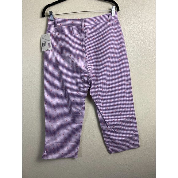 Liz Claiborne Women Cropped Pants Purple Gingham Plaid Floral Embroidered Size 8 - Picture 2 of 15